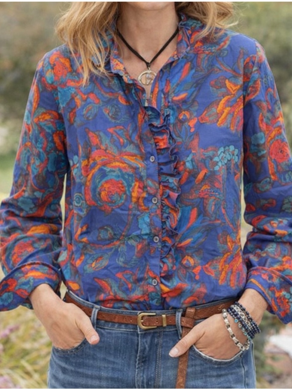 Sundance Teal & Pink Floral Ruffle Blouse